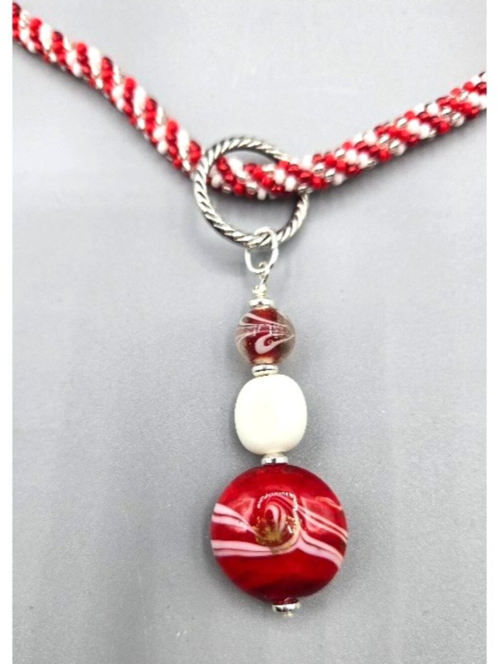Handmade Red and White Small Seed Bead Kumihimo Necklace w/Lampwork Bead Pendant - Picture 5 of 6